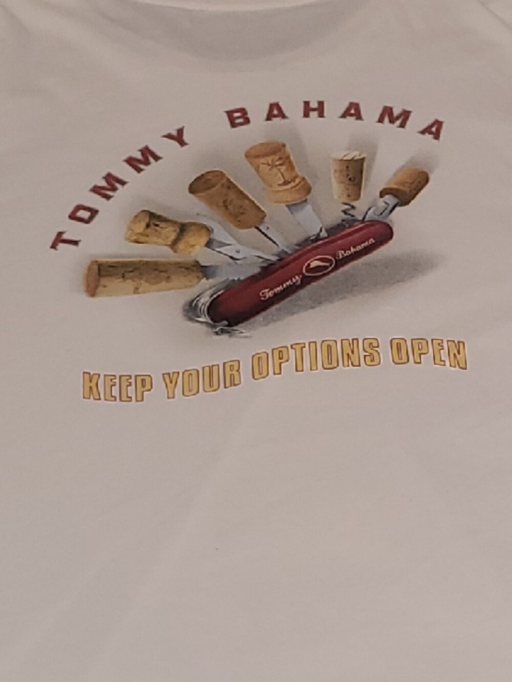 Tommy Bahama -RELAX-  White Graphic Tee with Bottle & Knife Motif Mens 3XL